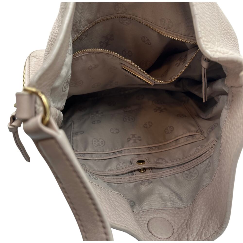 Tory Burch Shoulder Hobo Bag Ivy Pebbled Leather Expandable Zip Shell Pink Cream - Picture 6 of 10